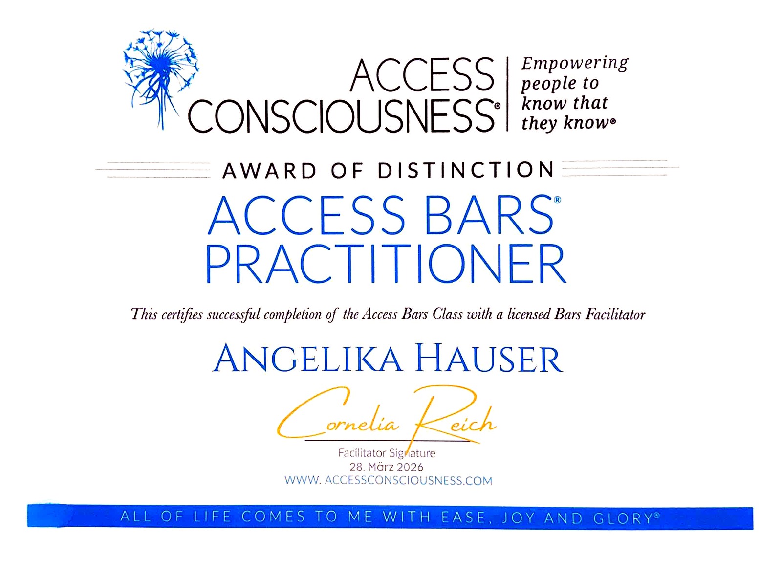 Access Bars Practitioner Zertifikat – Angelika Hauser